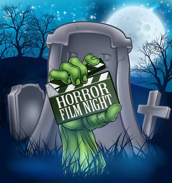 Scene Zombie Halloween Monster Hand Breaking Out Grave Holding Film — Stock Vector