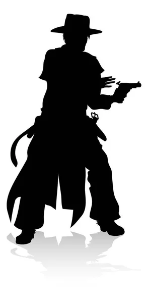 Een Silhouet Cowboy Bandiet Karakter Die Zijn Pistool Afvuurt — Stockvector