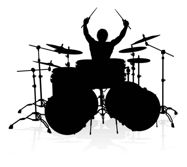 Ένας Drummer Μουσικός Drumming Τύμπανα Λεπτομερή Σιλουέτα — Διανυσματικό Αρχείο
