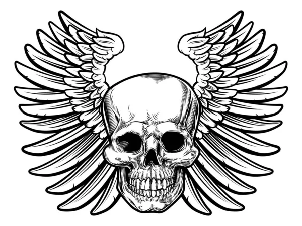 Winged Skull Drawing Vintage Retro Woodcut Etched Engraved Style — Stock Vector