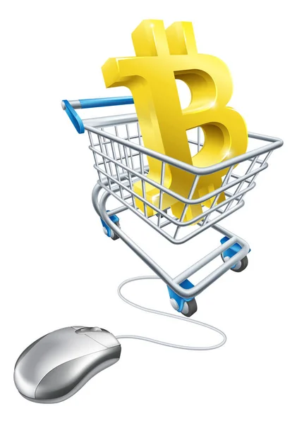 Buying Bitcoin Supermarket Shopping Cart Computer Mouse Concept — Stock Vector