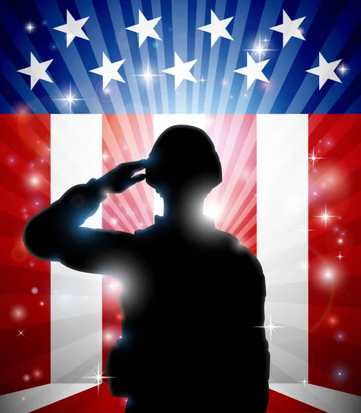 Patriotic Soldier Standing Saluting Front American Flag Background — Stock Vector