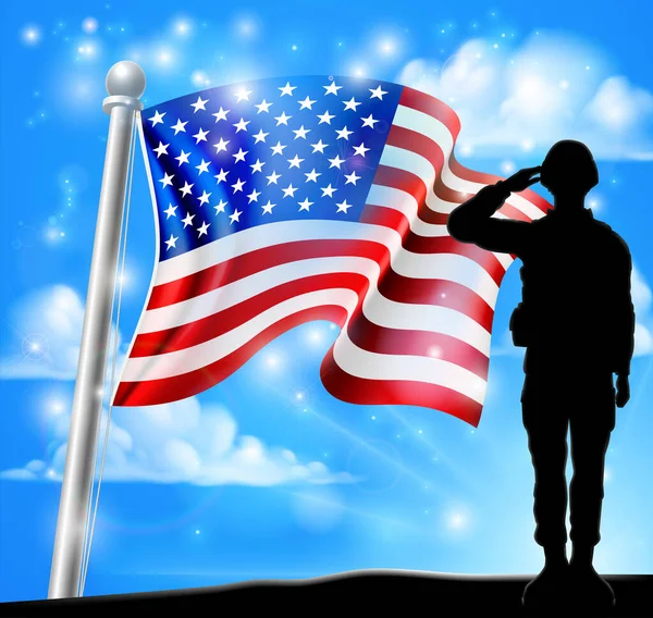 Soldado Patriótico Pie Frente Fondo Bandera Estadounidense Saludando — Vector de stock