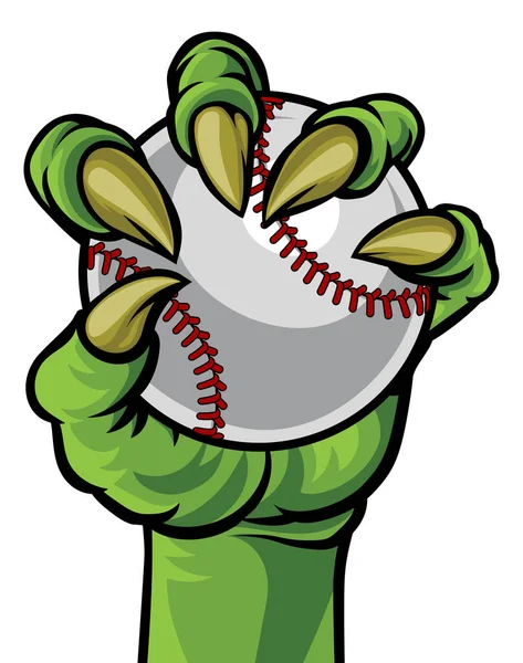 Green Claw Monster Hand Holding Baseball Ball — Stock Vector