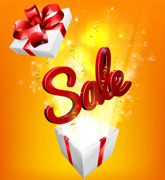 Sale Sign Flying Out Gift Box Orange Yellow Background — Stock Vector