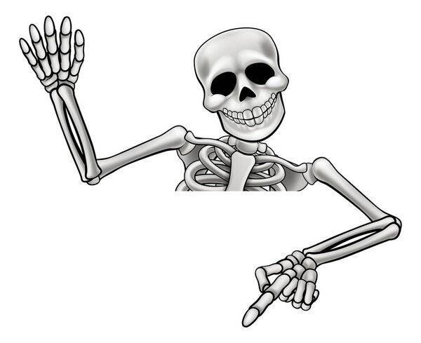 A skeleton cartoon character peeping over a sign waving and pointing