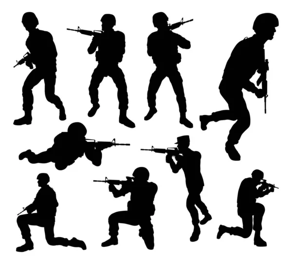 Ensemble Silhouettes Détaillées Haute Qualité Soldat Armée Militaire — Image vectorielle