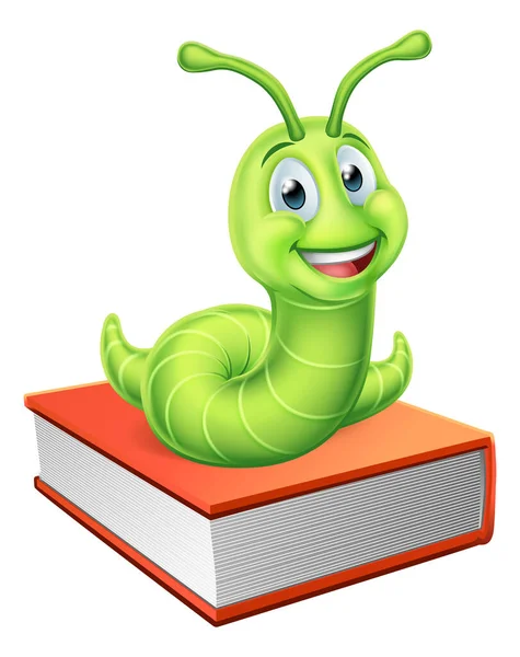 一只可爱的毛虫书虫卡通人物教育吉祥物坐在一本书上 — 图库矢量图片
