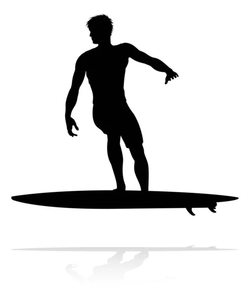 High Quality Detailed Silhouette Surfer Surfing Waves His Surfboard — Stockový vektor