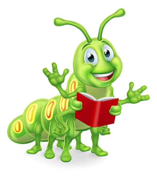 Cute Bookworm Caterpillar Worm Cartoon Character Education Mascot Reading Book — Stock Vector