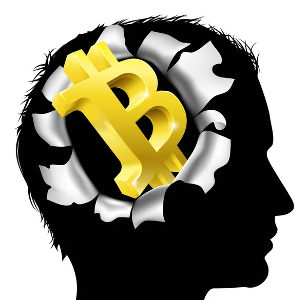 Mans Head Silhouette Gold Bitcoin Sign Symbol Concept Thinking Dreaming — Stock Vector