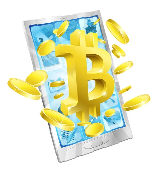 Mobile Phone Bitcoin Symbol Sign Gold Coins Concept — Stock Vector
