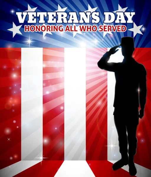 American Saluting Soldier Patriotic Veterans Day Red White Blue Flag — Stock Vector