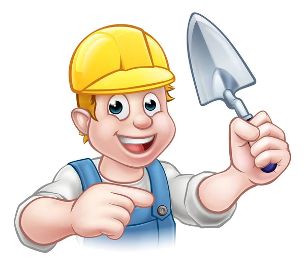 漫画のビルダーやレンガのレンガのレンガを置くハンドツールを保持するレンガの建設労働者 ハード帽子を身に着け — ストックベクタ