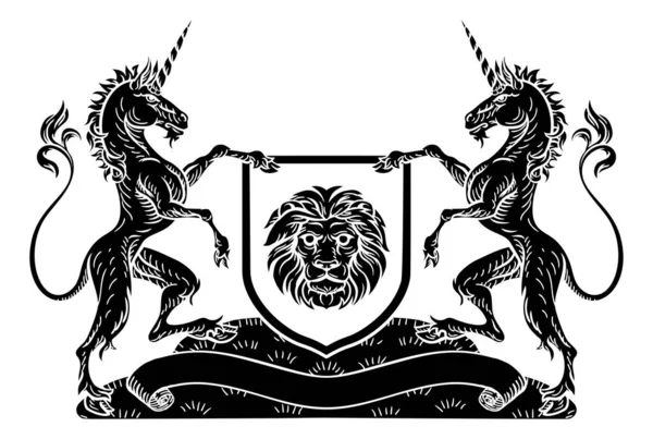 Brasão Heráldico Medieval Brasão Emblema Com Apoiantes Unicórnios Flanqueando Escudo — Vetor de Stock