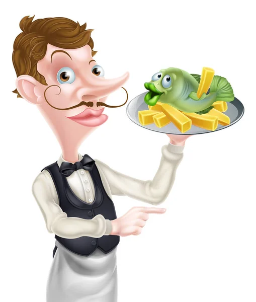 Illustration Cartoon Waiter Butler Holding Fish Chips — Stock Vector