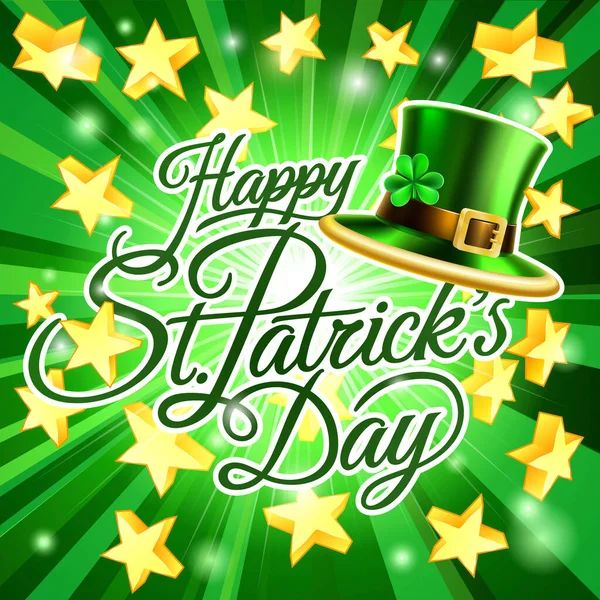 Happy Patricks Day Stars Background Sign Leprechaun Shamrock Clover Leaf — Stock Vector