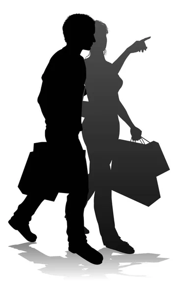 People Silhouette Young Man Woman Probably Couple Husband Wife Shopping — Stock Vector