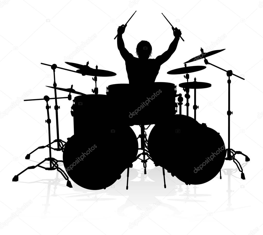 A drummer musician drumming drums in detailed silhouette