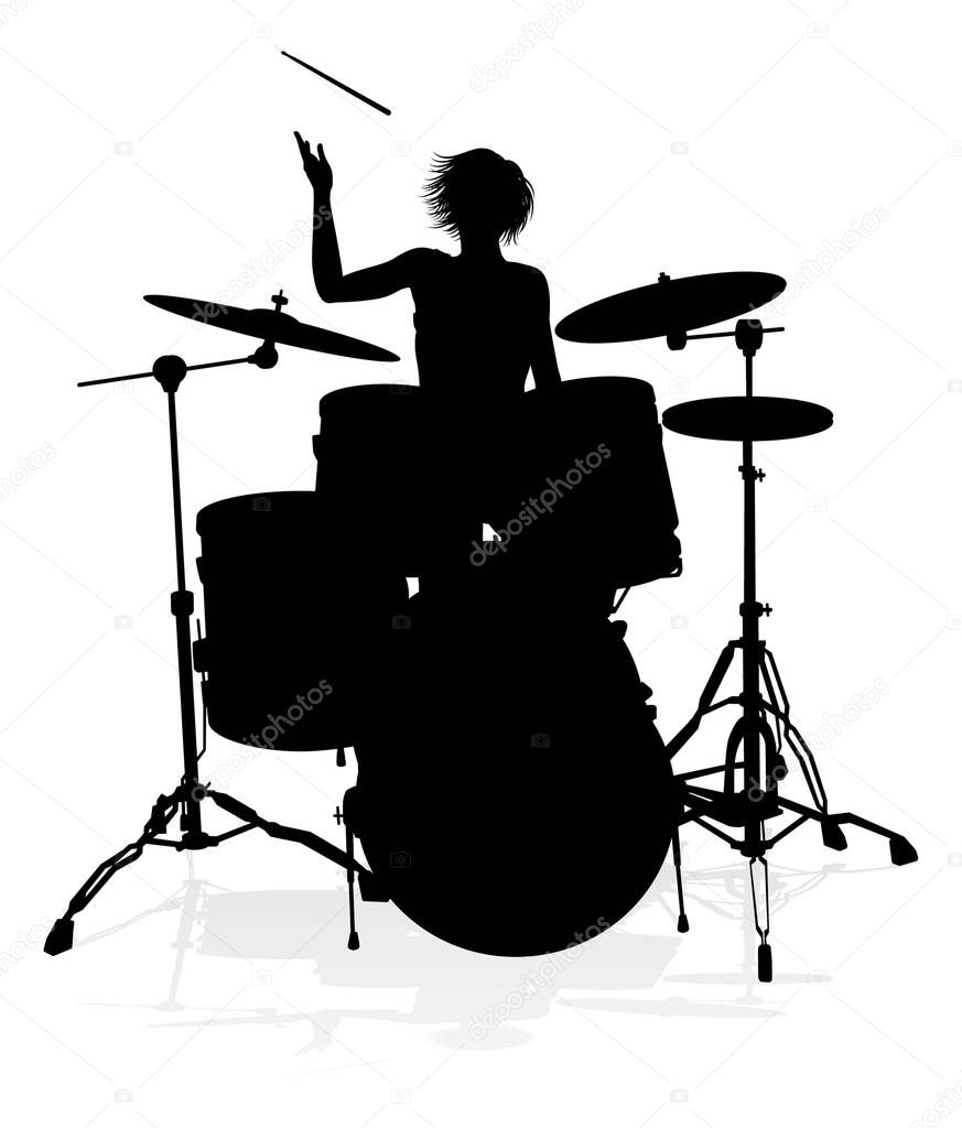 A drummer musician drumming drums in detailed silhouette