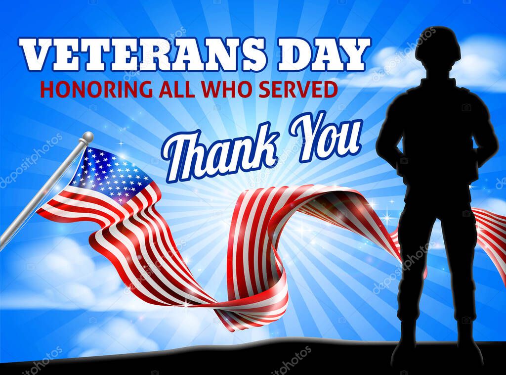 A soldier with a patriotic American flag Veterans Day Honoring All who Served, Thank You background design graphic