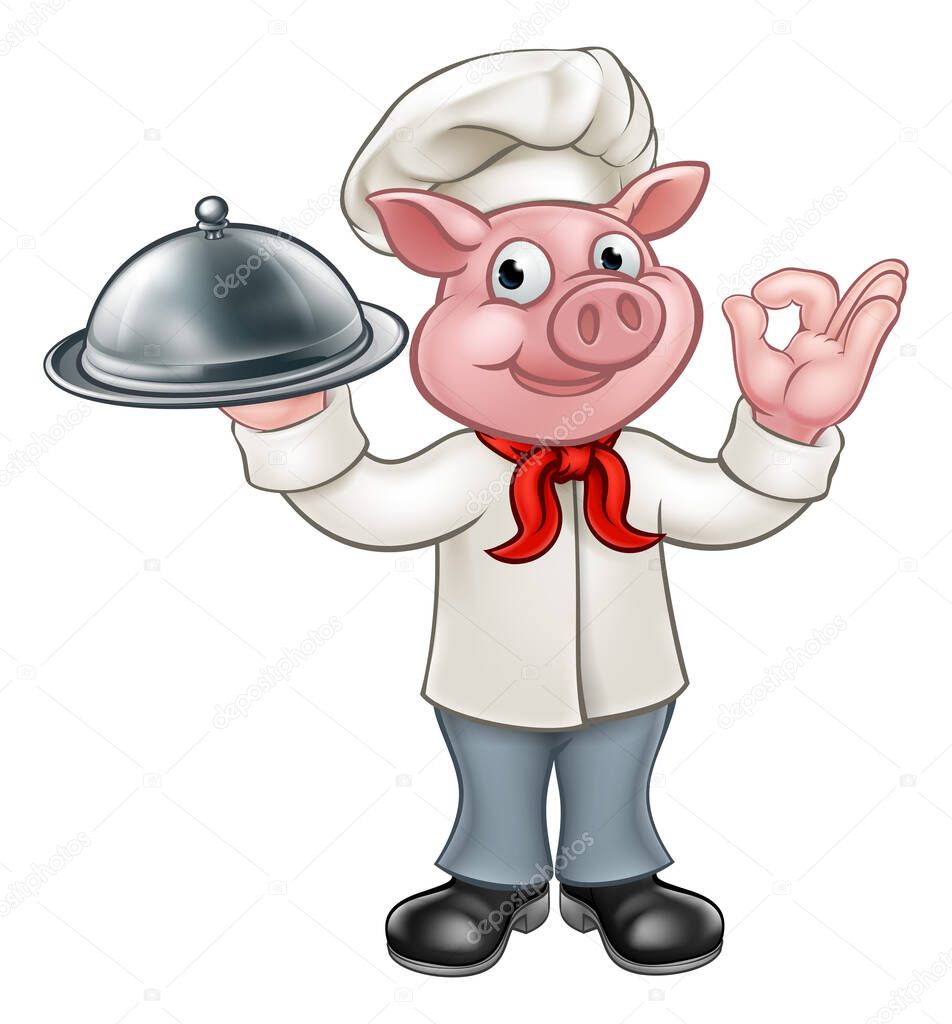 A chef pig cartoon character mascot holding a silver platter cloche food dome tray and doing a perfect hand gesture