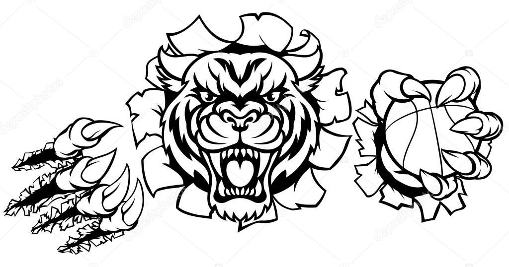 A Tiger angry animal sports mascot holding a basketball ball and breaking through the background with its claws