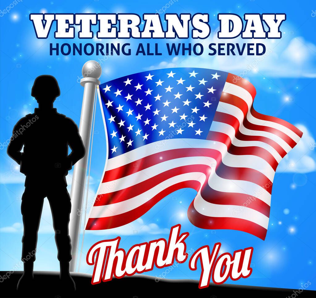 A patriotic soldier with an American flag Veterans Day Honoring All who Served, Thank You background design graphic
