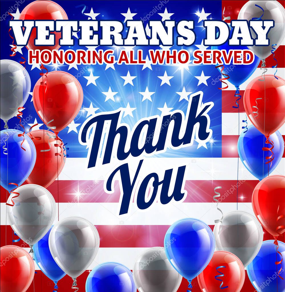Patriotic Veterans Day American flag and balloons red, white and blue background graphic design