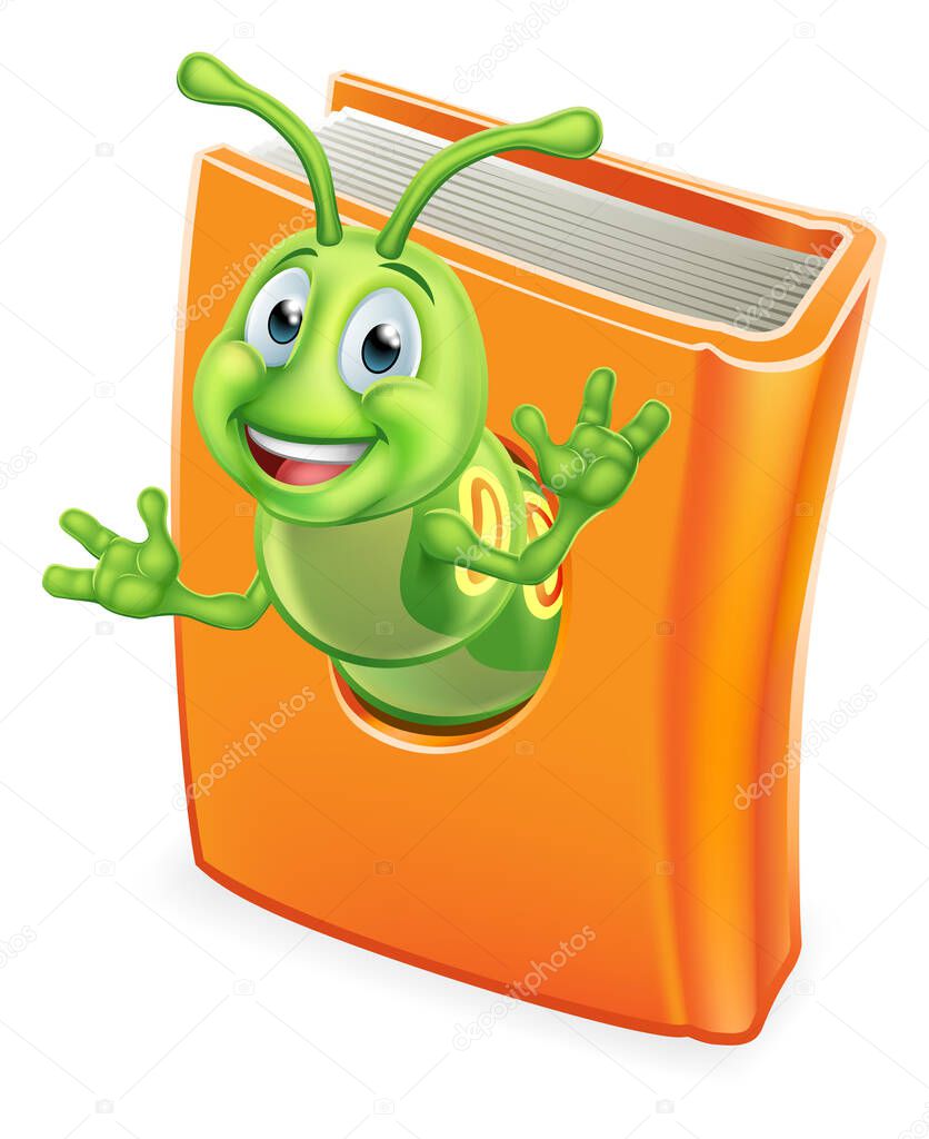 A cute bookworm caterpillar worm cartoon character education mascot eating through a book