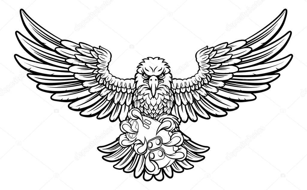 An eagle cartoon character player gamer esports sport mascot holding a video games controller