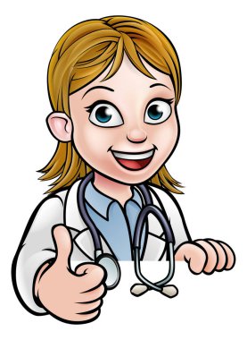 A cartoon doctor wearing lab white coat with stethoscope peeking above sign and giving a thumbs up