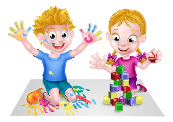 Cartoon Jongen Meisje Kan Broer Zus Spelen Met Speelgoed Met — Stockvector