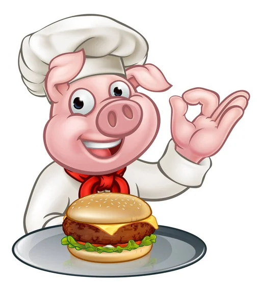 Pig Chef Holding Cheese Burger Plate Cartoon Character — Stock Vector