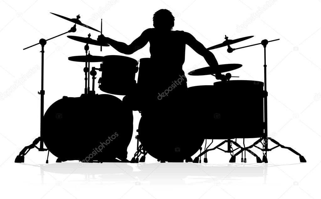 A drummer musician drumming drums in detailed silhouette