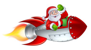 Noel Baba Noel karikatürü karakteri roket gemisi kızağında sallanıyor.