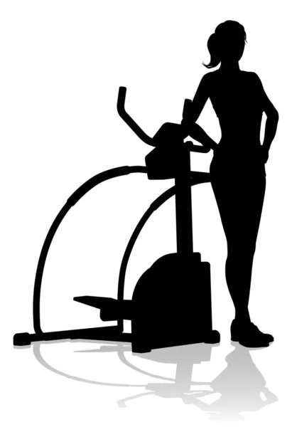 Woman Silhouette Using Elliptical Cross Fit Gym Equipment Exercise Machine — Stock Vector