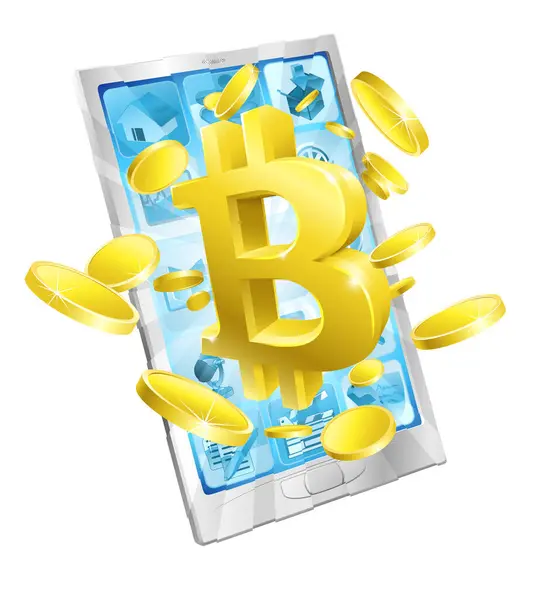 Mobile Phone Bitcoin Sign Gold Coins Concept — Stock Vector