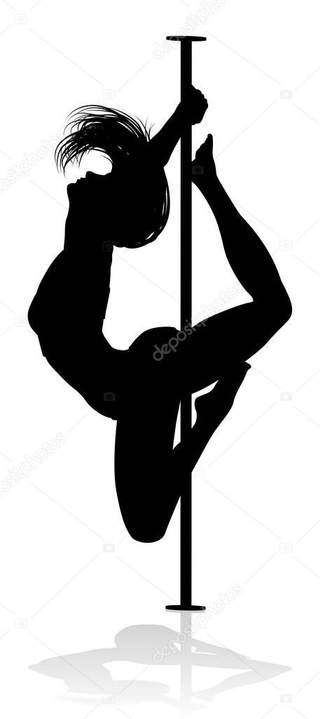 A woman pole dancer exercising for fitness in silhouette