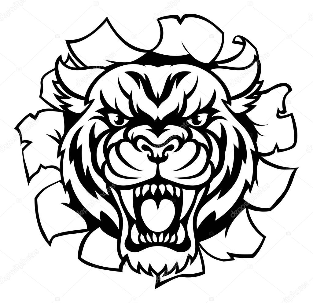 A Tiger angry animal sports mascot breaking through the background