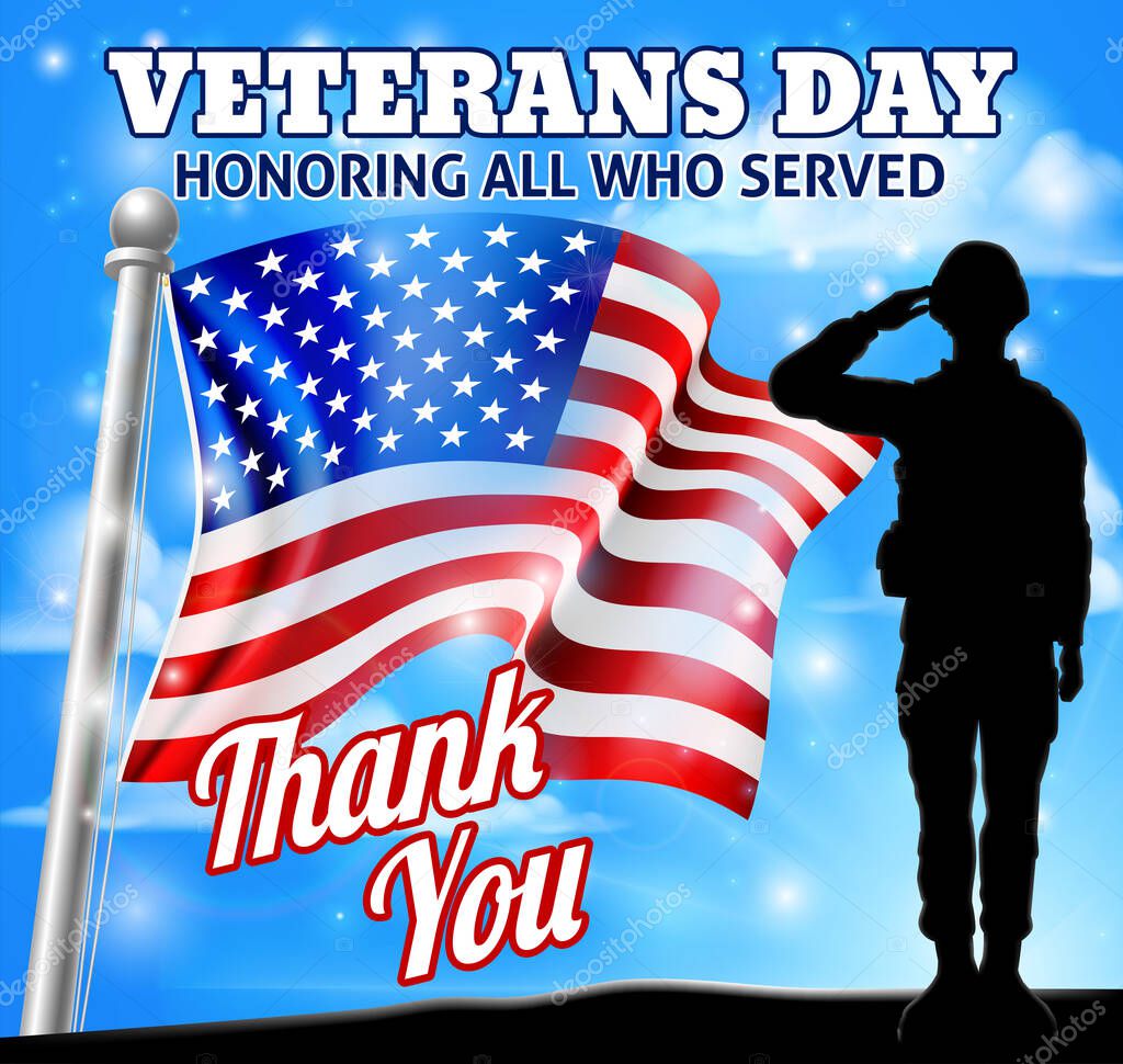 A patriotic soldier saluting with an American flag Veterans Day Honoring All who Served, Thank You background design
