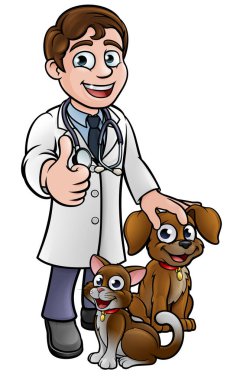 Bir çizgi film karakteri, evcil kedi ve köpek hayvanlarıyla baş parmağını kaldırıyor.