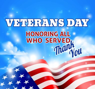 A Veterans Day background with a sky and American Flag and Thank You message clipart