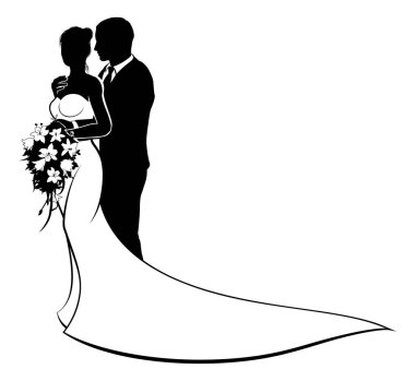 Gelin ve damadın düğün tasarımı siluet içinde beyaz gelinlik içinde çiçek buketi tutan bir çift.