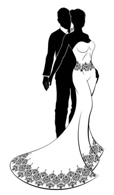 Siluet gelin ve damat gelin ve gelin, gelinle birlikte soyut desenli beyaz gelinlik giymişler.