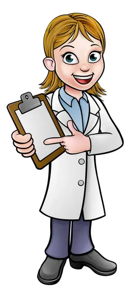 Cartoon Scientist Professor Wearing Lab White Coat Holding Clipboard Pointing — Stock Vector