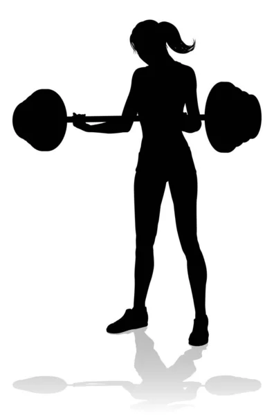 Woman Silhouette Using Barbell Weights Fitness Exercise Gym Equipment — Stock Vector