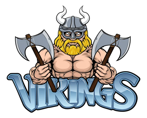 Vikingo Sosteniendo Hachas Mascota Deportiva Casco Con Texto Gráfico — Vector de stock