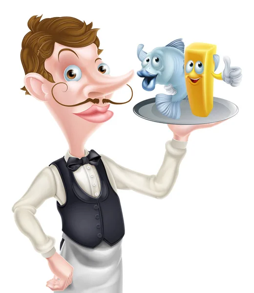 Illustration Cartoon Waiter Holding Fish Chips — Stock Vector