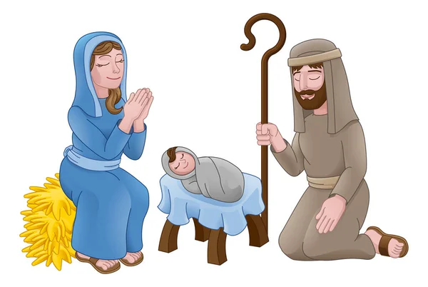 Christmas Nativity Scene Cartoon Baby Jesus Mary Joseph Manger — Stock Vector